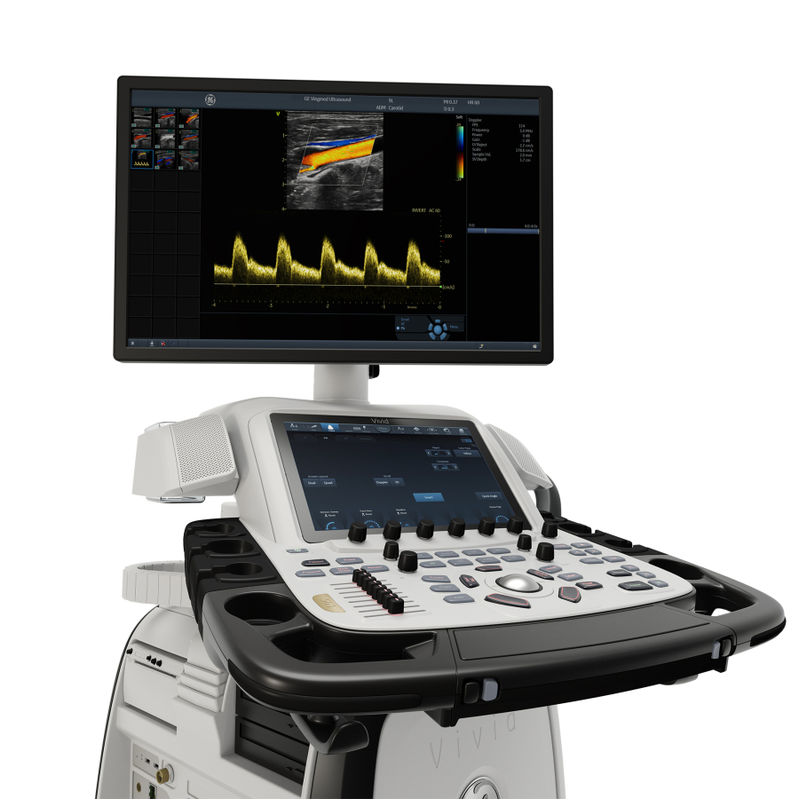 GE HealthCare Vivid ultrasound system on its cart, showing a vascular Doppler scan