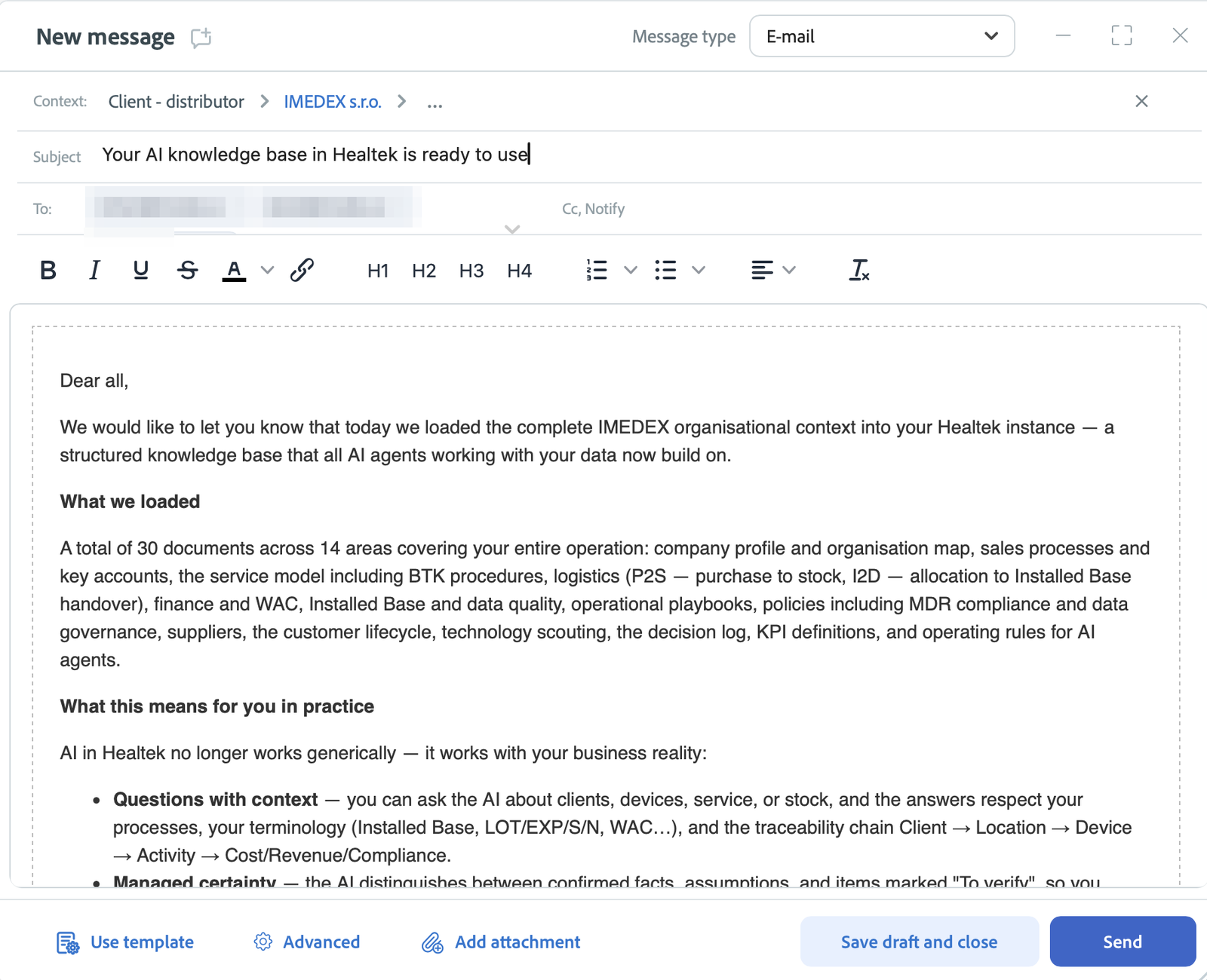 The delivery email to the Imedex team, composed in Healtek with the IMEDEX client context attached: subject 'Your AI knowledge base in Healtek is ready to use', listing the 30 documents across 14 areas and what they change in practice. Recipient addresses redacted.