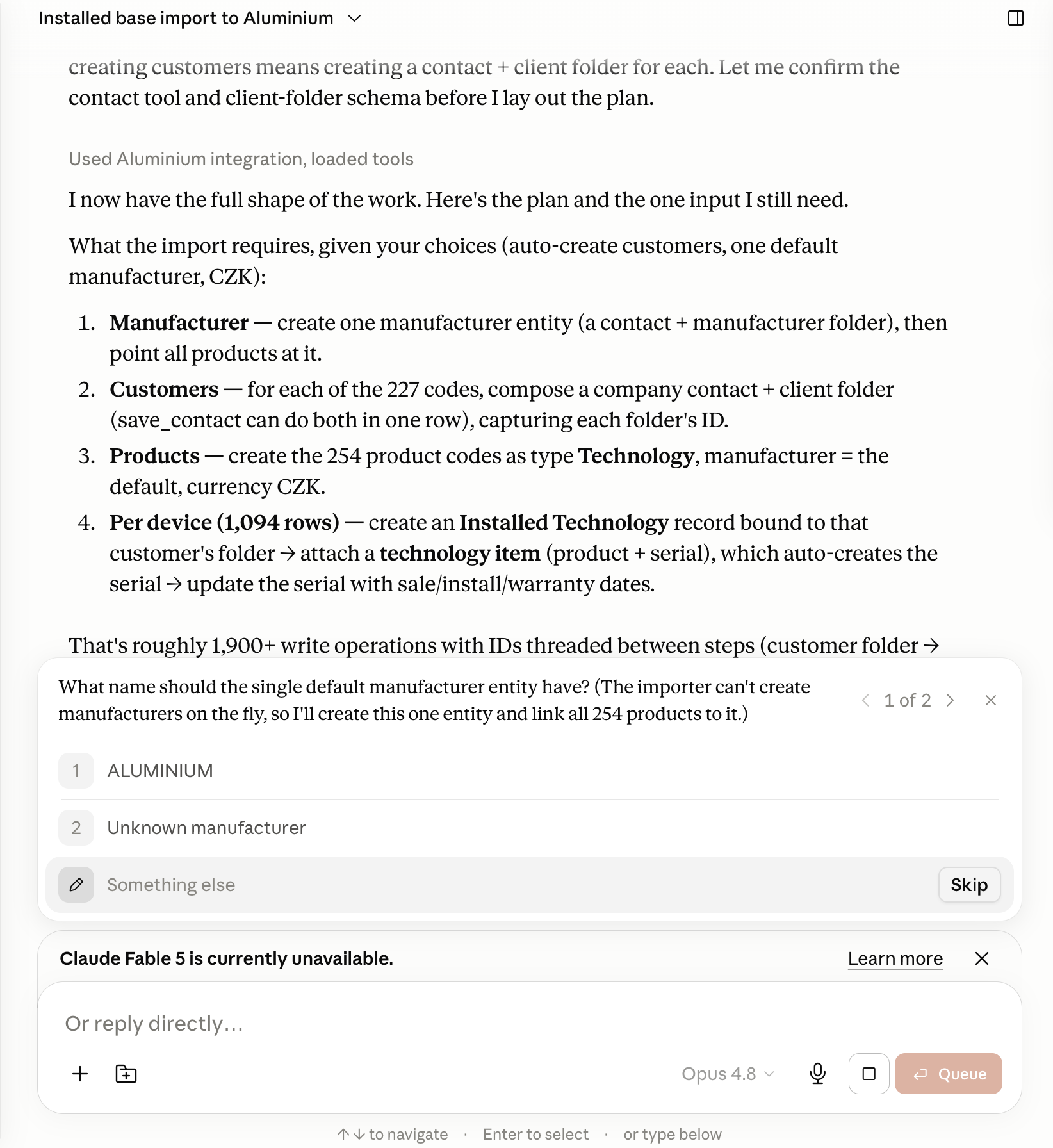 Healtek's importer laying out a four-step plan from the raw data — create one manufacturer, 227 customers, 254 products (type Technology, CZK), and an Installed Technology record per device across 1,094 rows — then asking the one question it needs answered: what to name the single default manufacturer entity.