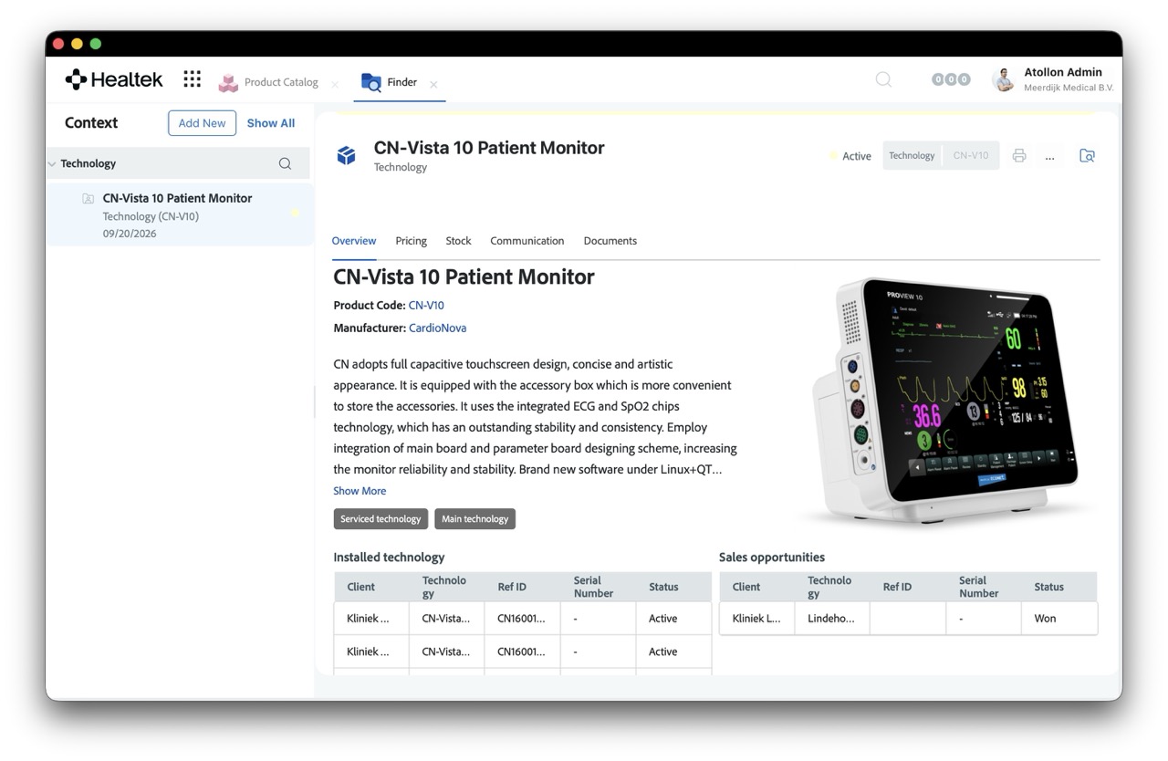 A product record in Healtek: the CN-Vista 10 Patient Monitor, with its product code, manufacturer and description, tabs for Overview, Pricing, Stock, Communication and Documents, and — side by side — the devices of this type already installed at clients and the open sales opportunities for it.