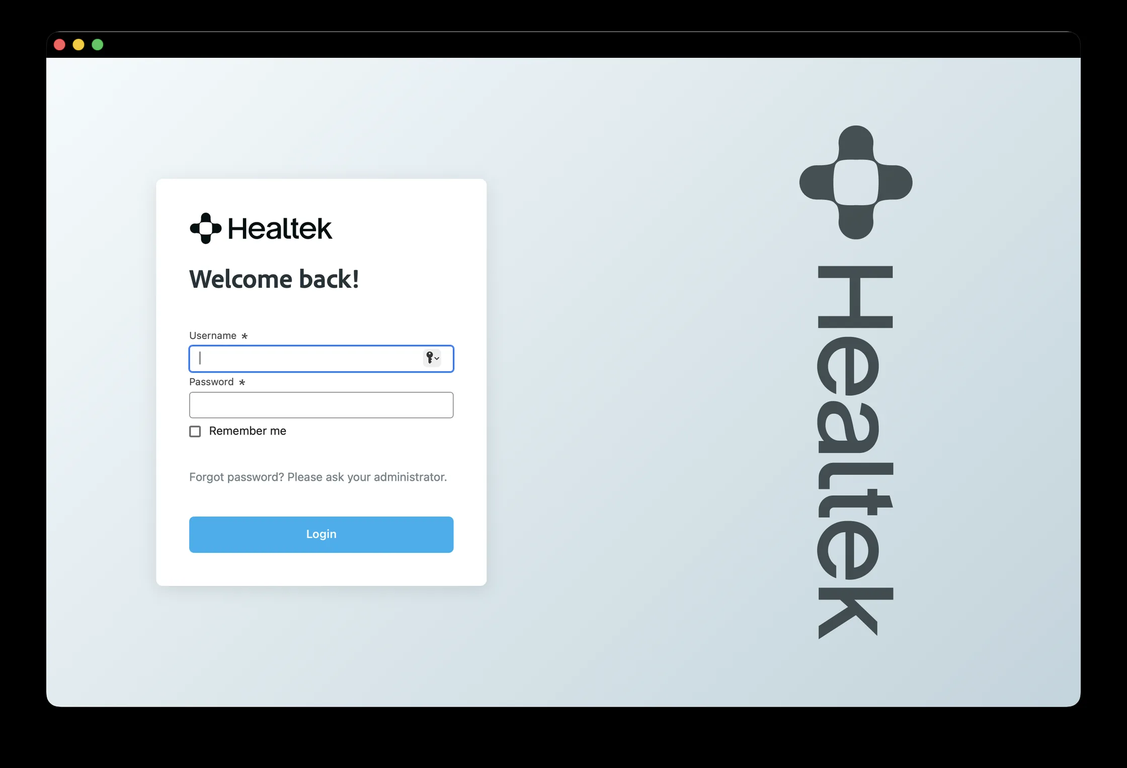 Healtek login screen — one simple login for the whole team