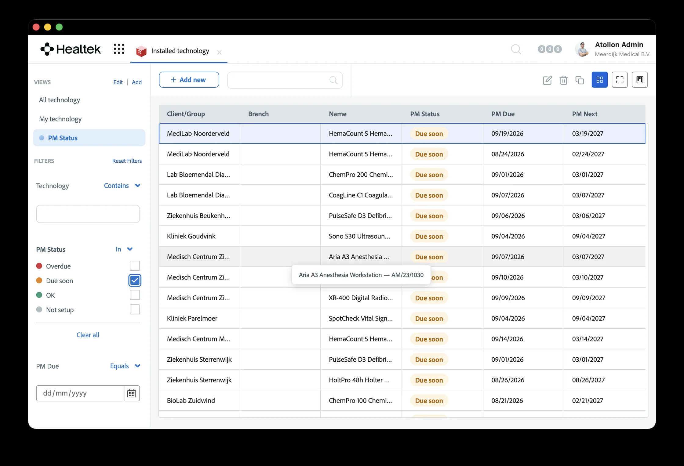 Healtek installed base view — PM status filtered per device, with due dates and next PM across clients