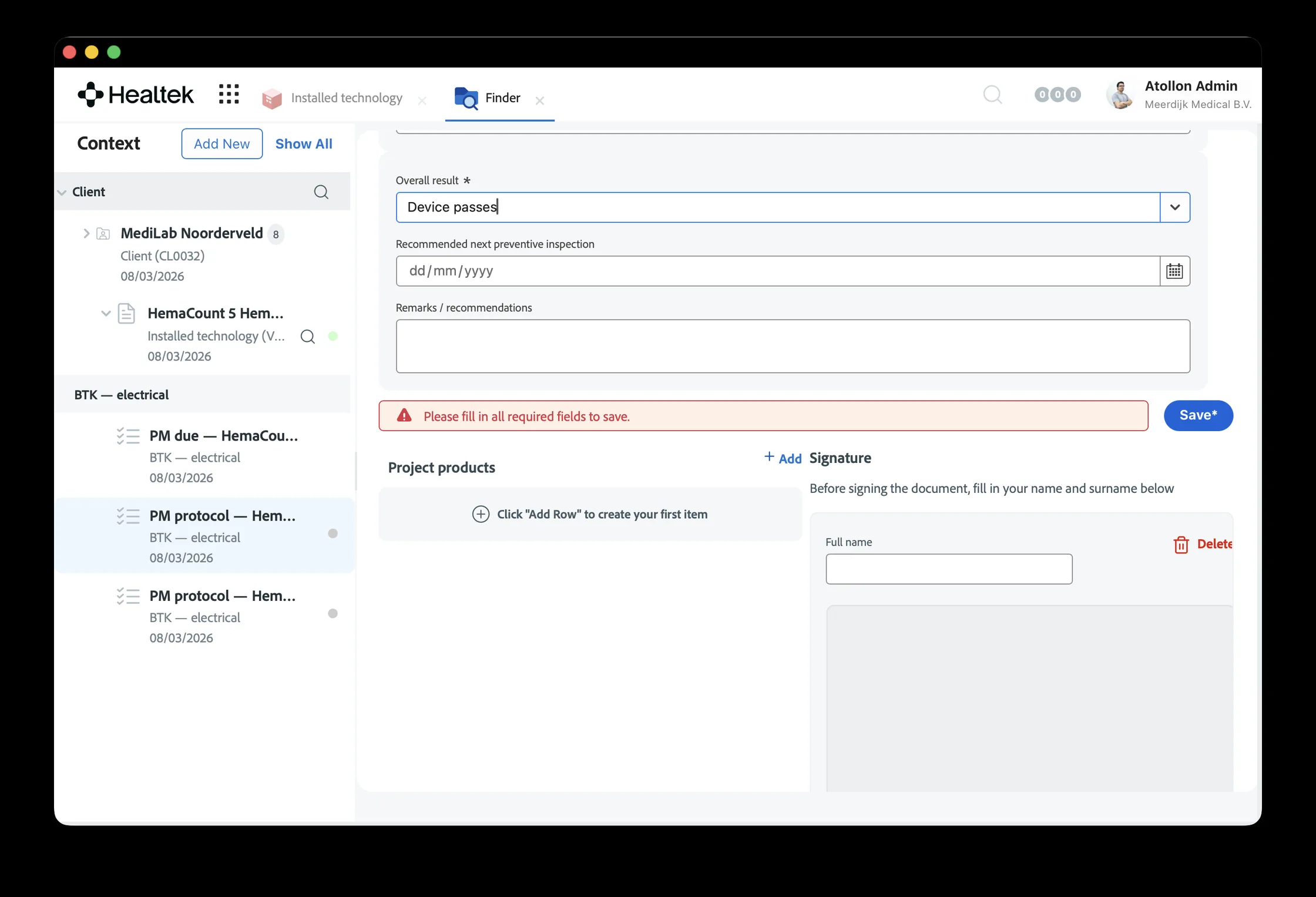 PM protocol form — inspection result, recommendations and digital signature