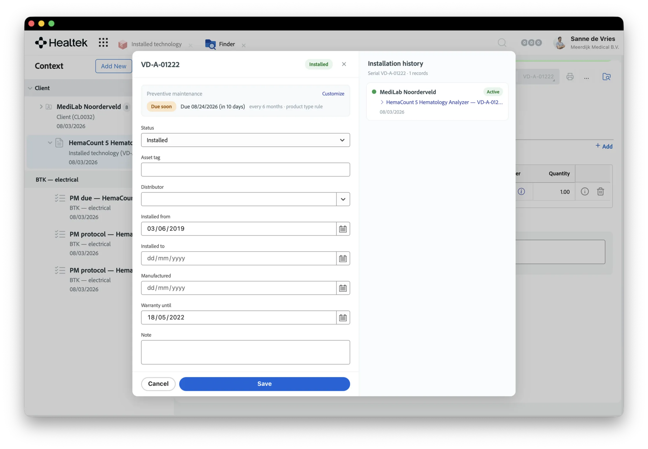 Ansicht der installierten Basis mit präventiver Wartung pro Gerät