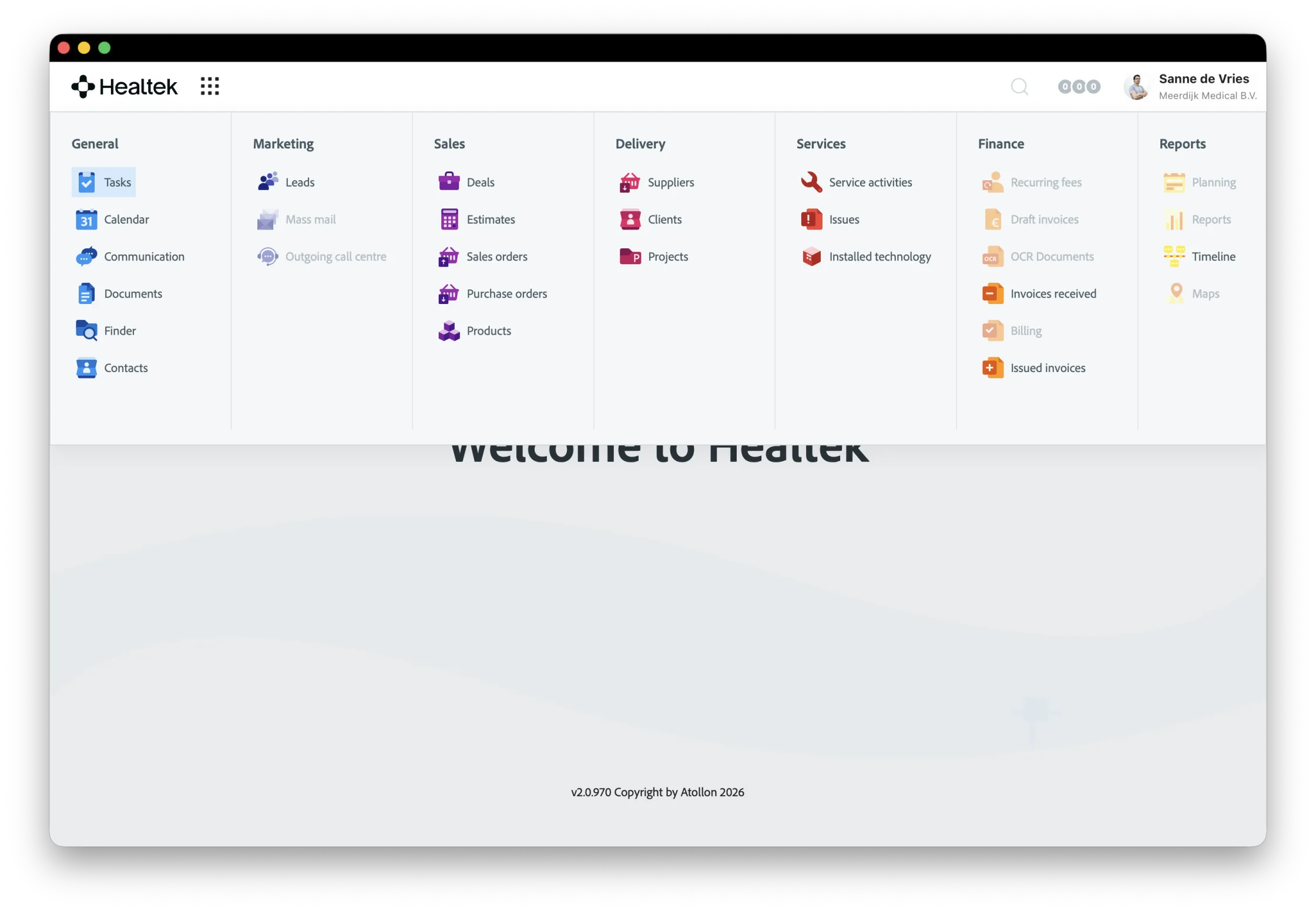 Healtek-Arbeitsbereich — Vertrieb, Service, Auslieferung und Finanzen in einem System